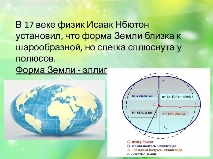 В 17 веке физик Исаак Нбютон установил, что форма Земли близка к