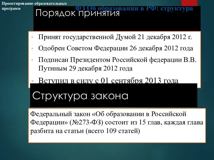 Порядок принятия Принят государственной Думой 21 декабря 2012 г. Одобрен Советом Федерации