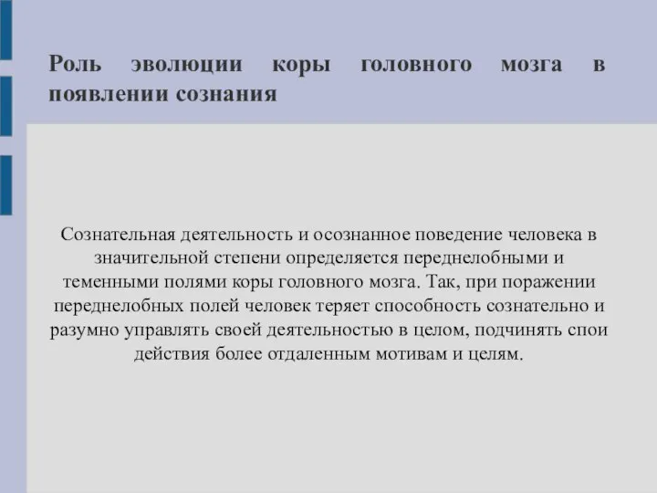 Роль эволюции коры головного мозга в появлении сознания Сознательная деятельность и осознанное