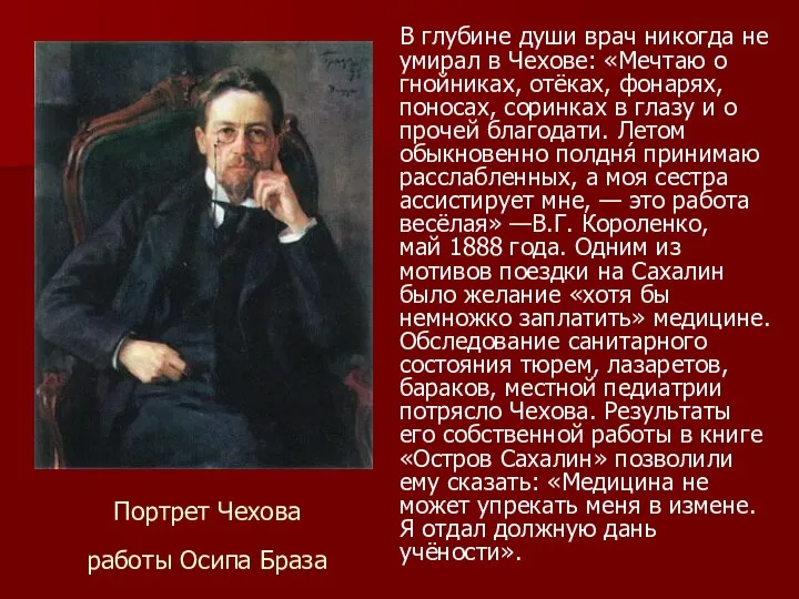 Портрет Чехова работы Осипа Браза В глубине души врач никогда не умирал