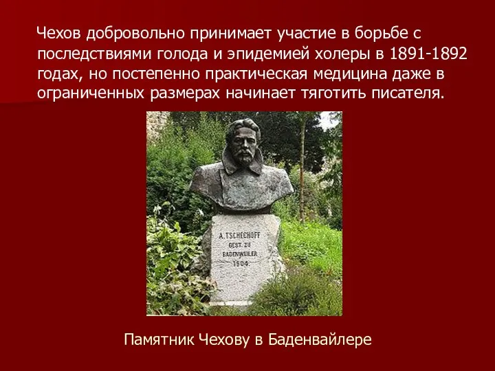 Памятник Чехову в Баденвайлере Чехов добровольно принимает участие в борьбе с последствиями