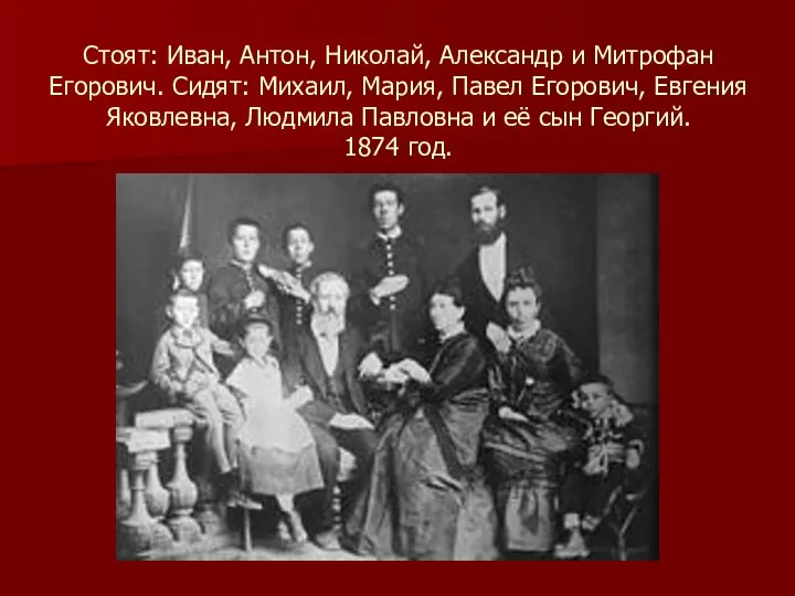 Стоят: Иван, Антон, Николай, Александр и Митрофан Егорович. Сидят: Михаил, Мария, Павел