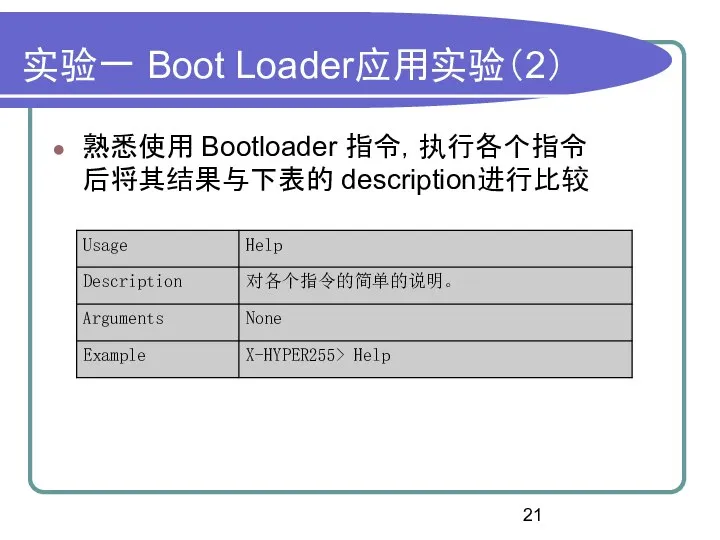 实验一 Boot Loader应用实验（2） 熟悉使用 Bootloader 指令，执行各个指令后将其结果与下表的 description进行比较