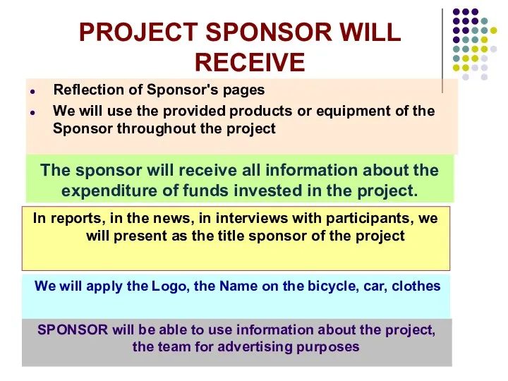 The sponsor will receive all information about the expenditure of funds invested