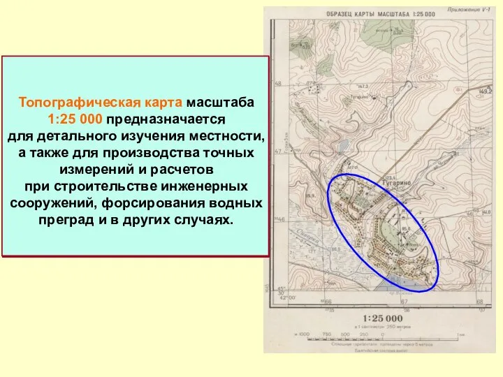 Топографическая карта масштаба 1:25 000 предназначается для детального изучения местности, а также