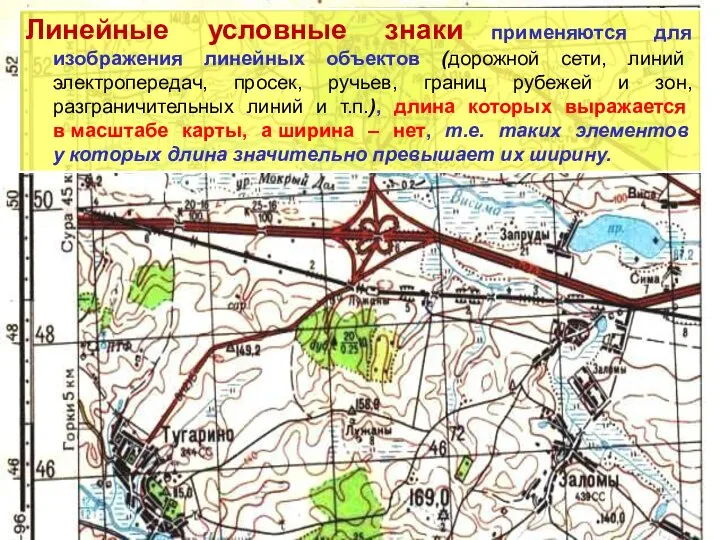 Линейные условные знаки применяются для изображения линейных объектов (дорожной сети, линий электропередач,