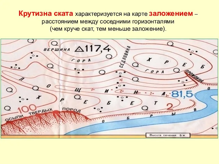 Крутизна ската характеризуется на карте заложением – расстоянием между соседними горизонталями (чем