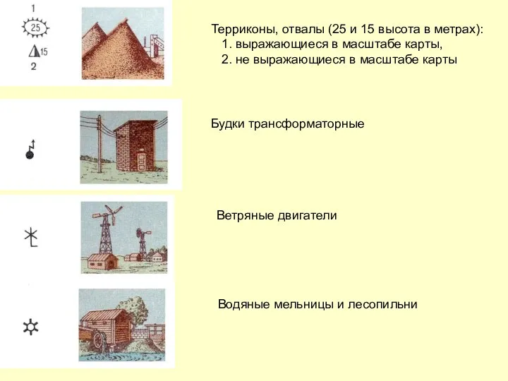 Терриконы, отвалы (25 и 15 высота в метрах): 1. выражающиеся в масштабе