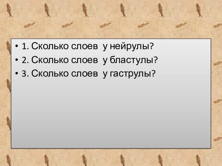 1. Сколько слоев у нейрулы? 2. Сколько слоев у бластулы? 3. Сколько слоев у гаструлы?