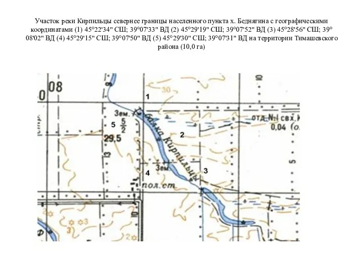 Участок реки Кирпильцы севернее границы населенного пункта х. Беднягина с географическими координатами