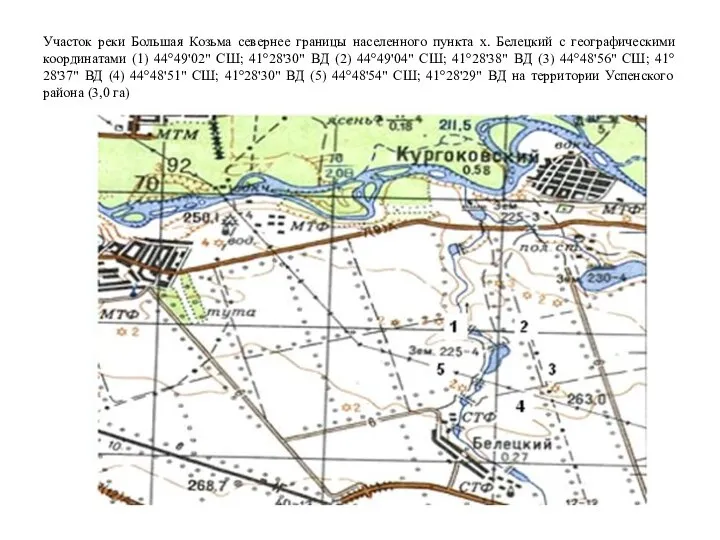 Участок реки Большая Козьма севернее границы населенного пункта х. Белецкий с географическими