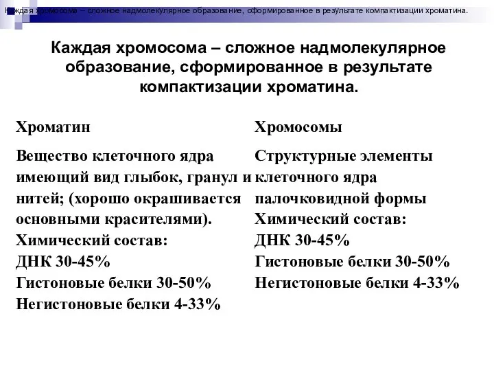 Каждая хромосома – сложное надмолекулярное образование, сформированное в результате компактизации хроматина. Каждая