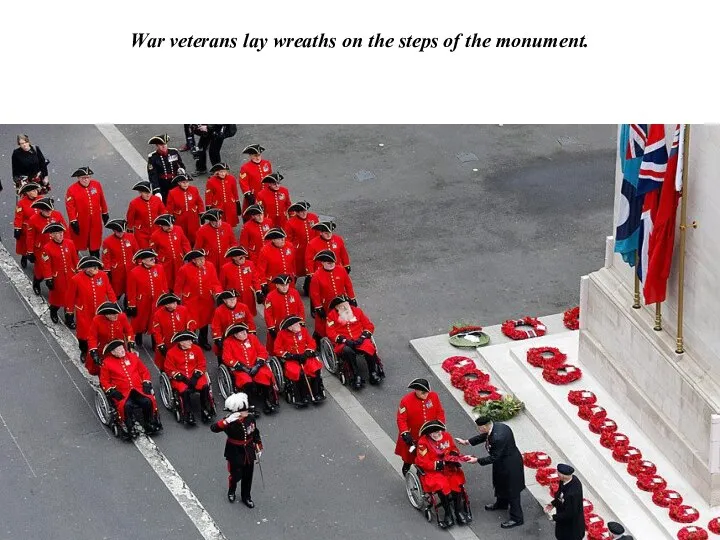 War veterans lay wreaths on the steps of the monument.