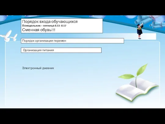 по Порядок входа обучающихся Понедельник – пятница 8.53 -8.57 Сменная обувь!!! Организация