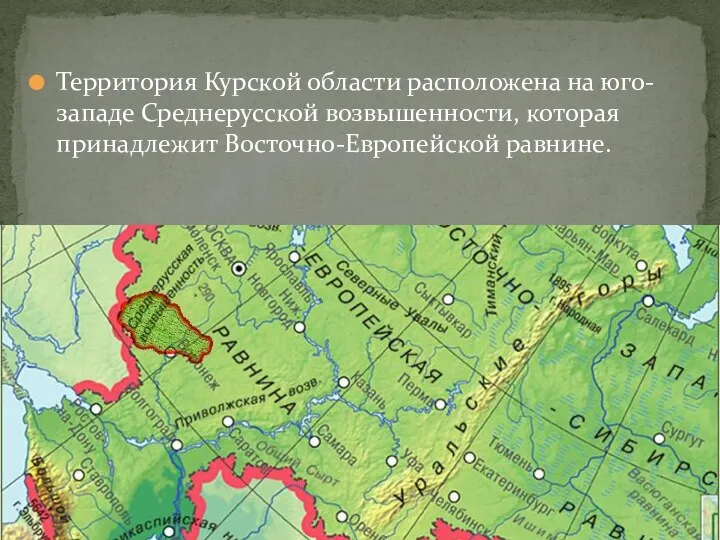 Территория Курской области расположена на юго-западе Среднерусской возвышенности, которая принадлежит Восточно-Европейской равнине.