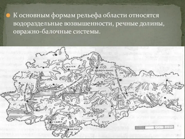 К основным формам рельефа области относятся водораздельные возвышенности, речные долины, овражно-балочные системы.