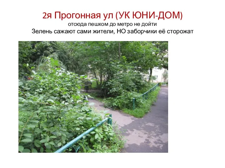 2я Прогонная ул (УК ЮНИ-ДОМ) отсюда пешком до метро не дойти Зелень