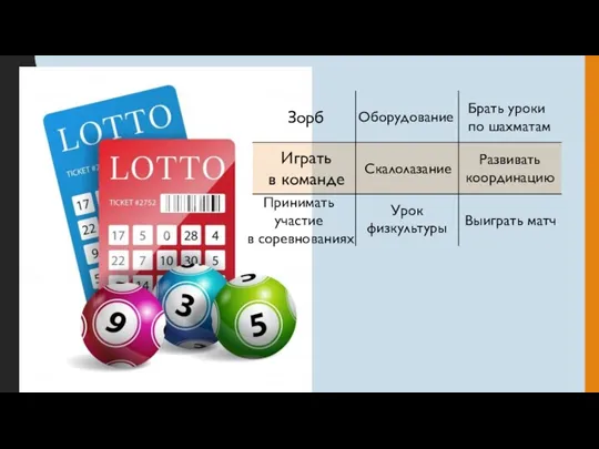 Зорб Оборудование Брать уроки по шахматам Играть в команде Скалолазание Развивать координацию