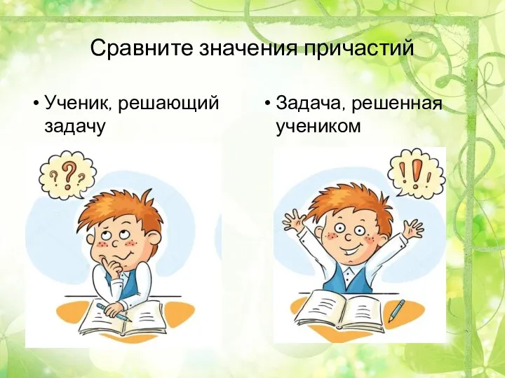 Сравните значения причастий Ученик, решающий задачу Задача, решенная учеником