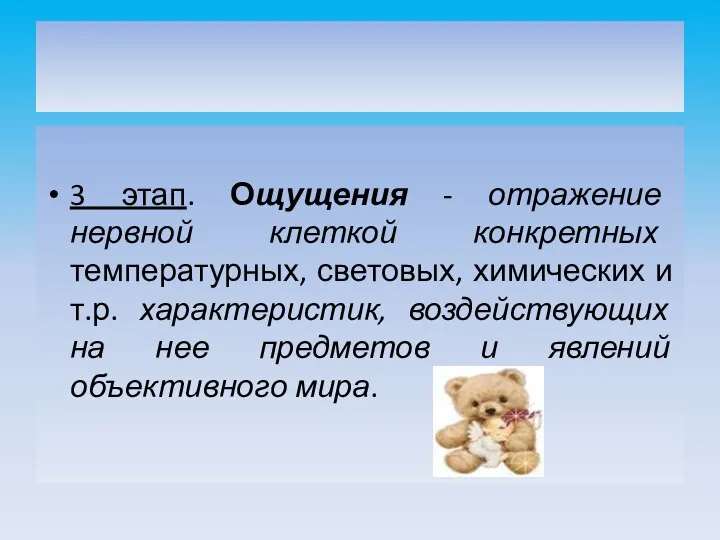 3 этап. Ощущения - отражение нервной клеткой конкретных температурных, световых, химических и