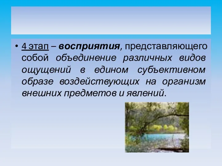 4 этап – восприятия, представляющего собой объединение различных видов ощущений в едином