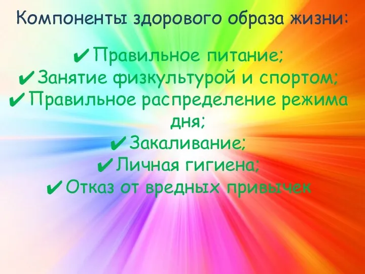 Компоненты здорового образа жизни: Правильное питание; Занятие физкультурой и спортом; Правильное распределение