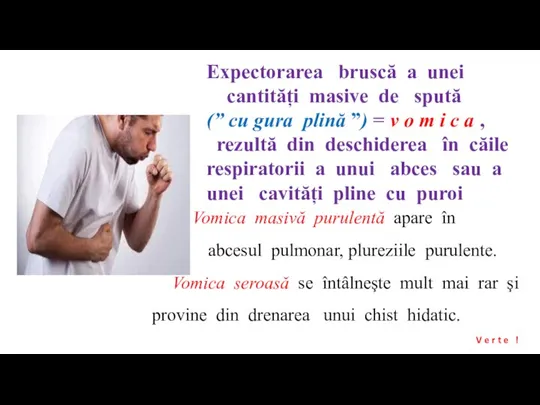 Expectorarea bruscă a unei cantități masive de spută (” cu gura plină