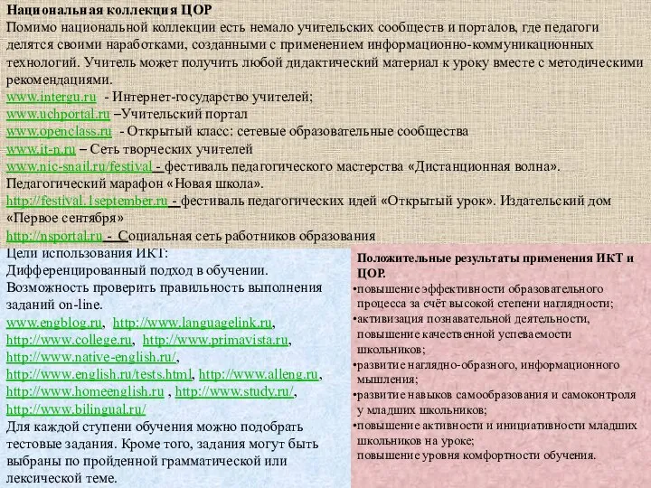 Цели использования ИКТ: Дифференцированный подход в обучении. Возможность проверить правильность выполнения заданий