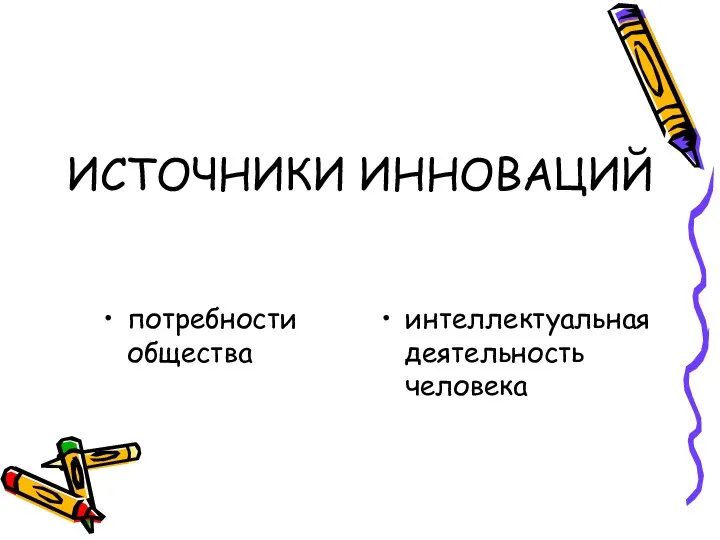 ИСТОЧНИКИ ИННОВАЦИЙ потребности общества интеллектуальная деятельность человека