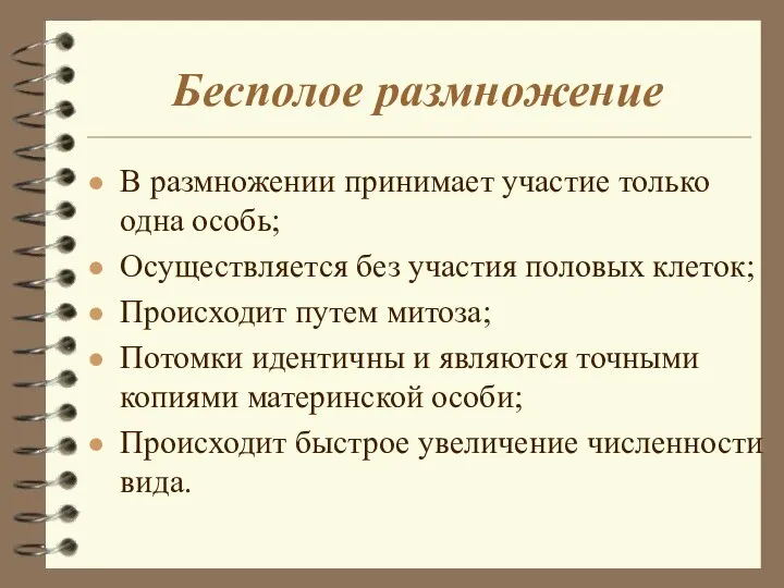 Бесполое размножение В размножении принимает участие только одна особь; Осуществляется без участия