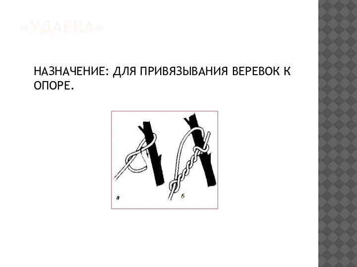 «УДАВКА» НАЗНАЧЕНИЕ: ДЛЯ ПРИВЯЗЫВАНИЯ ВЕРЕВОК К ОПОРЕ.