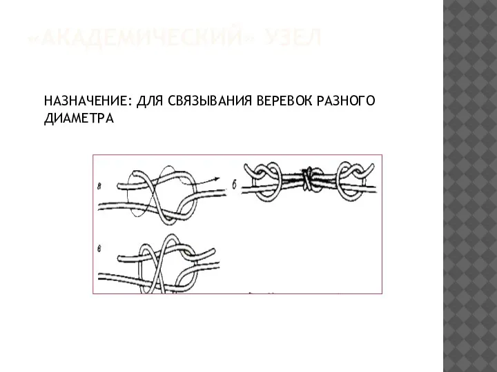 «АКАДЕМИЧЕСКИЙ» УЗЕЛ НАЗНАЧЕНИЕ: ДЛЯ СВЯЗЫВАНИЯ ВЕРЕВОК РАЗНОГО ДИАМЕТРА