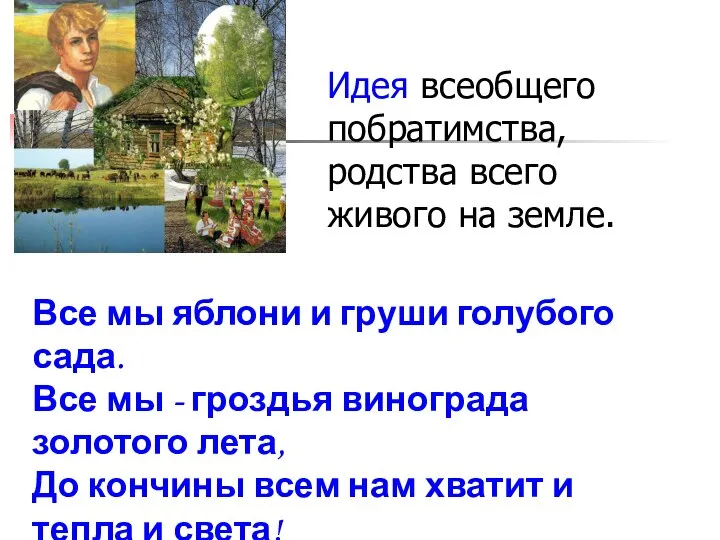 Идея всеобщего побратимства, родства всего живого на земле. Все мы яблони и