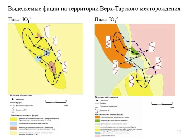 Выделяемые фации на территории Верх-Тарского месторождения Пласт Ю11 Пласт Ю12 11