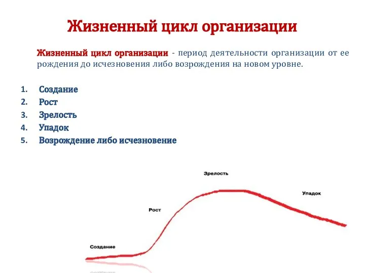 Жизненный цикл организации Жизненный цикл организации - период деятельности организации от ее