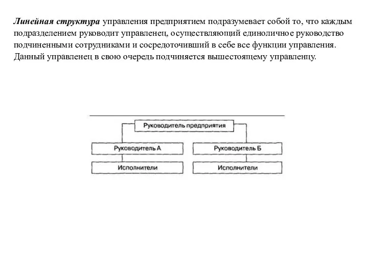 Линейная структура управления предприятием подразумевает собой то, что каждым подразделением руководит управленец,