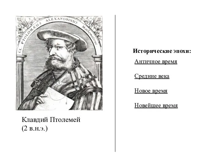 Клавдий Птолемей (2 в.н.э.) Античное время Средние века Новое время Новейшее время Исторические эпохи: