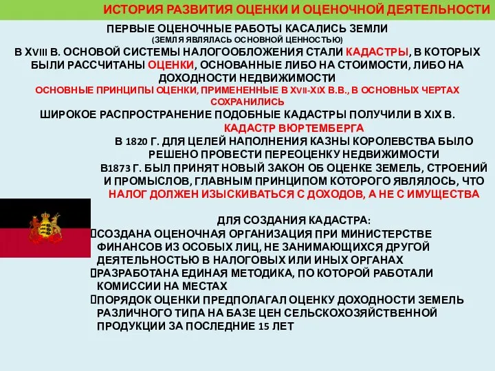 ИСТОРИЯ РАЗВИТИЯ ОЦЕНКИ И ОЦЕНОЧНОЙ ДЕЯТЕЛЬНОСТИ КАДАСТР ВЮРТЕМБЕРГА В 1820 Г. ДЛЯ