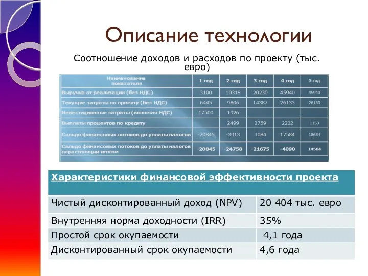 Описание технологии Соотношение доходов и расходов по проекту (тыс.евро)‏