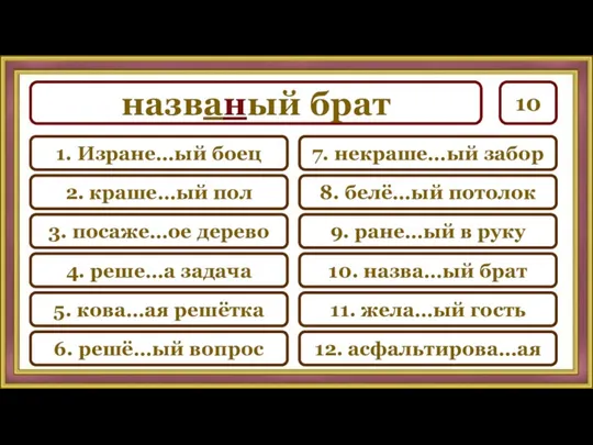 названый брат 10 7. некраше…ый забор 8. белё…ый потолок 9. ране…ый в