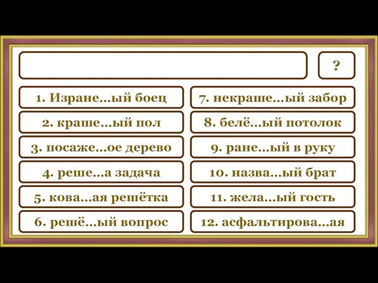 7. некраше…ый забор 8. белё…ый потолок 9. ране…ый в руку 10. назва…ый