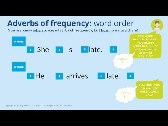She is late. 1 2 3 Adverbs of frequency: word order Now