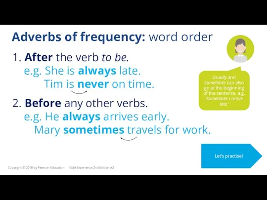 Adverbs of frequency: word order Usually and sometimes can also go at