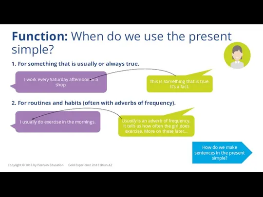 Function: When do we use the present simple? 1. For something that