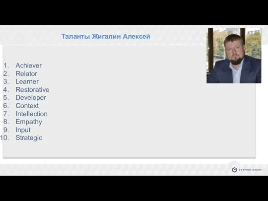 . Таланты Жигалин Алексей Achiever Relator Learner Restorative Developer Context Intellection Empathy Input Strategic