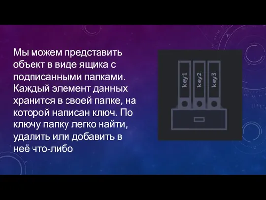 Мы можем представить объект в виде ящика с подписанными папками. Каждый элемент