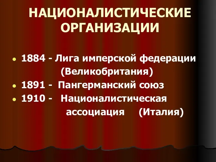 НАЦИОНАЛИСТИЧЕСКИЕ ОРГАНИЗАЦИИ 1884 - Лига имперской федерации (Великобритания) 1891 - Пангерманский союз