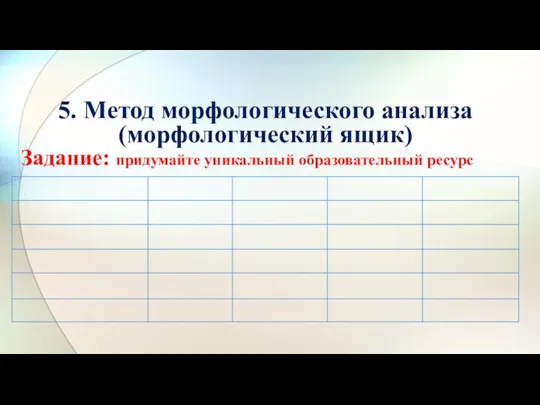 5. Метод морфологического анализа (морфологический ящик) Задание: придумайте уникальный образовательный ресурс