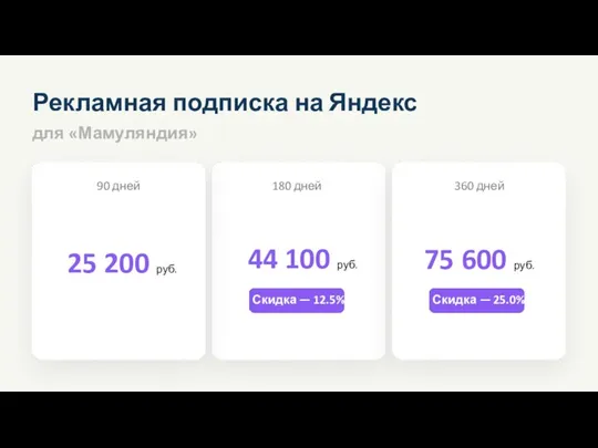 Рекламная подписка на Яндекс для «Мамуляндия» 25 200 руб. 90 дней 180