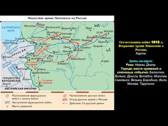 Отечественная война 1812 г. Вторжение армии Наполеона в Россию. Карта. Знать на